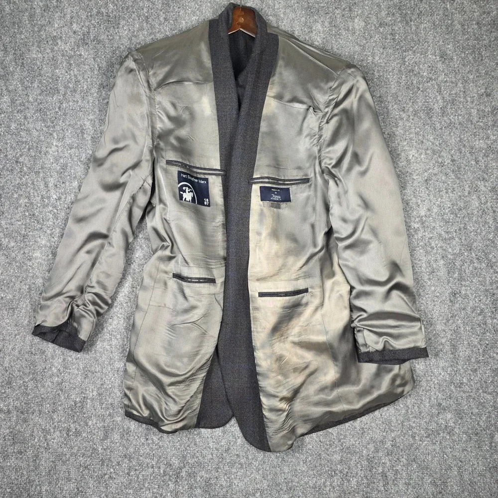Hart Schaffner Marx Wool‎ Blazer Men 42PT Gray Herringbone Tweed Windowpane USA